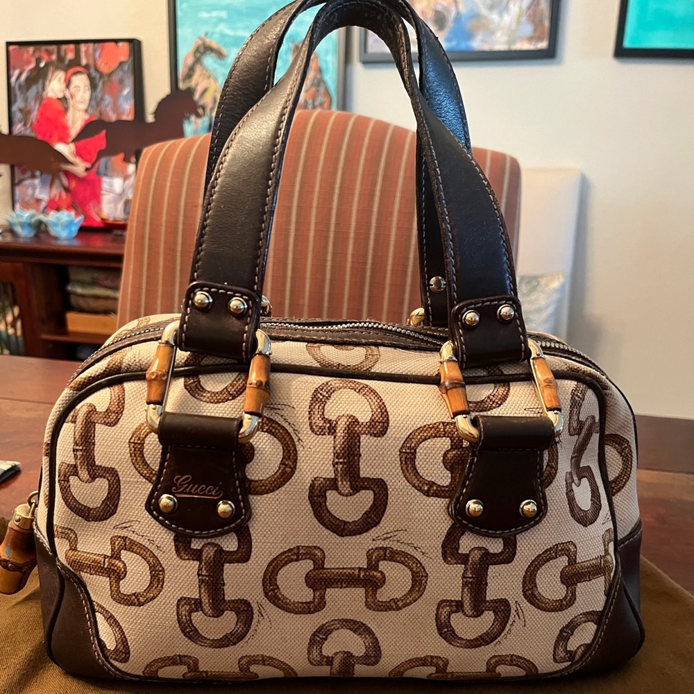 *Authentic Gucci Vintage Bamboo Horsebit Canvas satchel